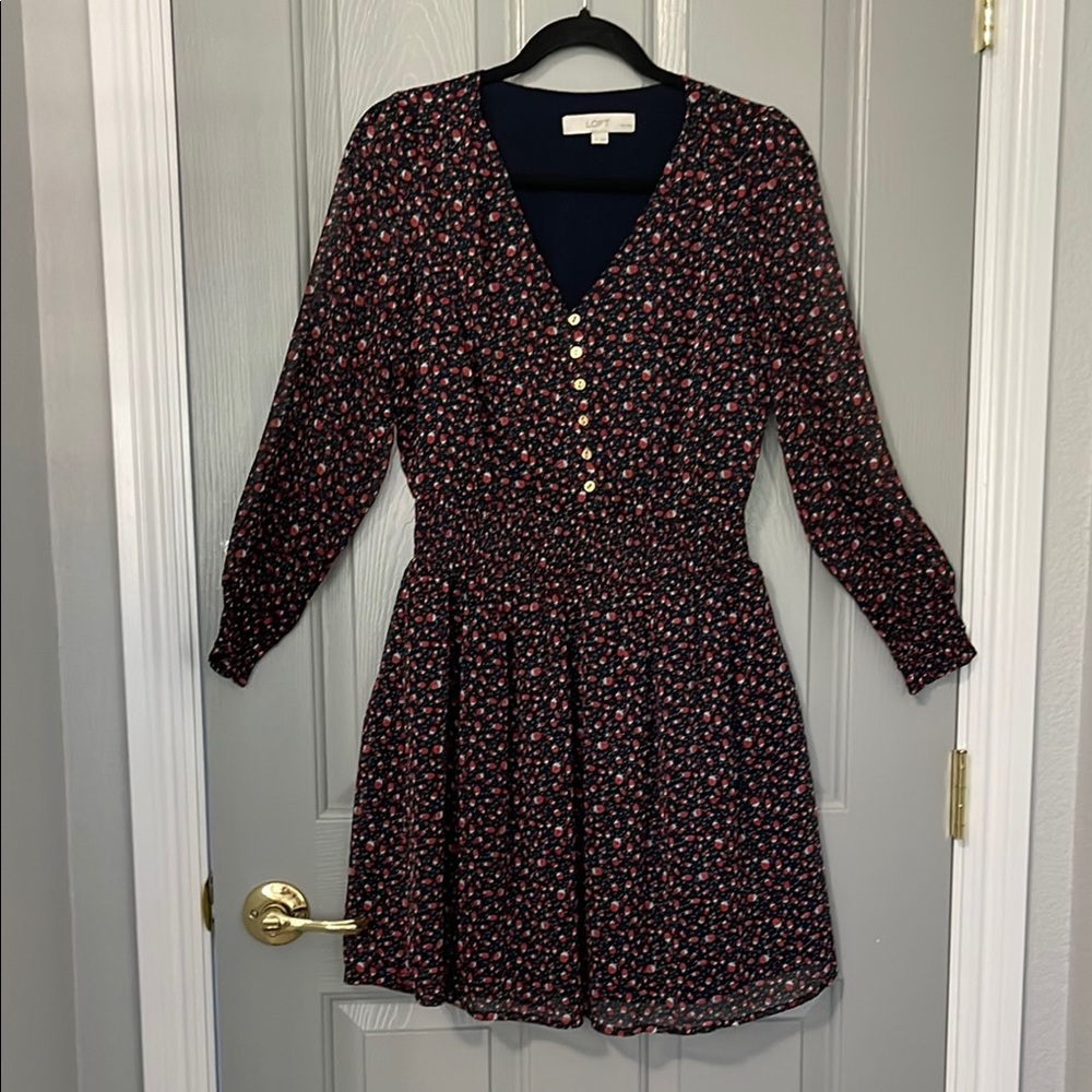 LOFT Brown Black Ruffled Fit and Flare Dress